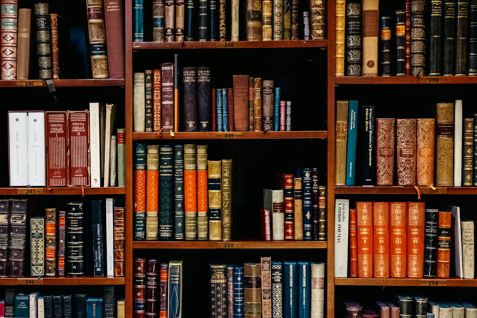 Bound reference volumes on library shelves